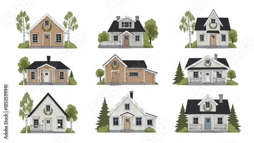 Collection of nine charming suburban houses in various architectural styles.