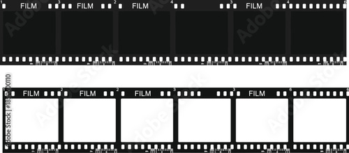 Photographic Film Strips with Exposed and Blank Frames, Numbered Sections, Sprocket Holes, Black and White Frames, Photography Concept Illustration