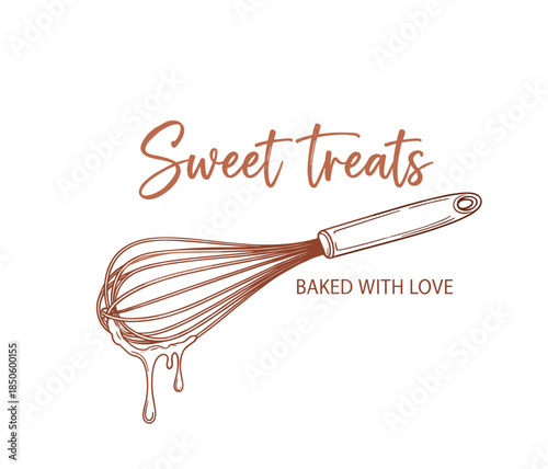 Minimalist Bakery Logo Featuring a Hand-Drawn Whisk with Batter Drips, Elegant Script Typography, and the Slogan "Sweet Treats Baked with Love."Print