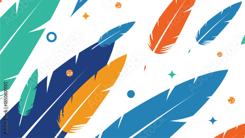 A vibrant abstract flat design composition showcasing stylized feathers and sparkling glitter elements, dynamically arranged. This minimalist 2D vector artwork captures the luxurious