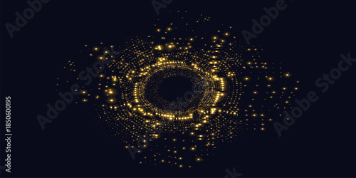 Digital circles of golden glowing dots. Information particles in neural network. Visualization of big data in cyberspace. Vector illustration