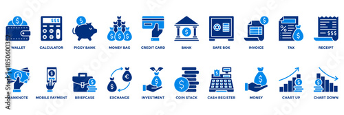 Finance vector icons with dollar signs for apps and business. Includes wallet, bank, calculator, credit card, and investment icons. Ideal for fintech and accounting designs.