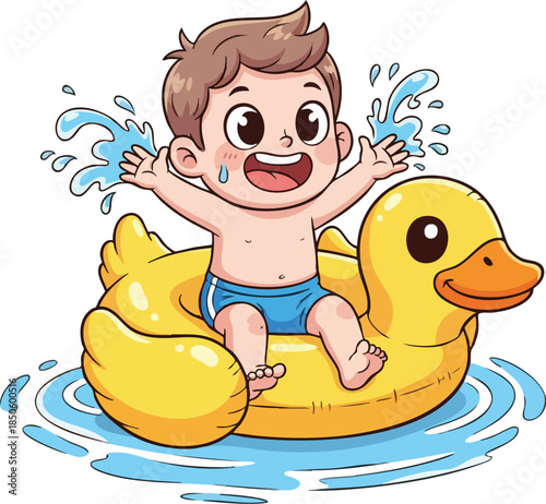 A cheerful cartoon baby sitting on a yellow rubber duck float in water with a playful and carefree mood.