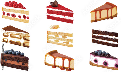 Highly Detailed Vector Set of Gourmet Cake Slices, Including Red Velvet, Cheesecake, Tiramisu, and Chocolate Berry Cakes, Ideal for Bakery Menus and Dessert Graphics.