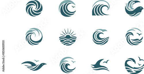 "A conceptual collection of stylized ocean wave and sea storm symbols for logos"

