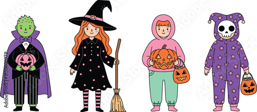 Cute hand drawn Halloween children characters set wearing spooky costumes like witch vampire and skeleton for trick or treat.