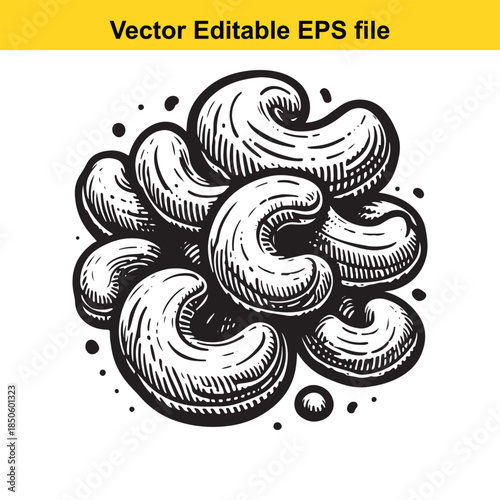  a black and white vector illustration of a pile of cashews in a whimsical style with shading and texture isolated on white background