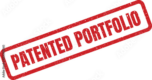 Grungy red ink rubber stamp mark displaying the phrase PATENTED PORTFOLIO for managing exclusive intellectual assets