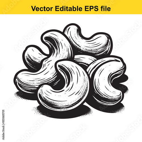  a black and white illustration of a pile of cashew nuts in a sketch style with bold lines and shading