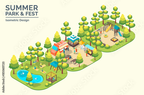 Cartoon Color Summer Park and Fest Concept Kid Playground, Pond Retreat and Snack Booth Elements 3d Isometric View. Vector illustration