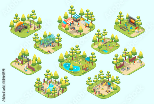 Cartoon Color Summer Park and Fest Concept Different Scenes and Character People 3d Isometric View. Vector illustration