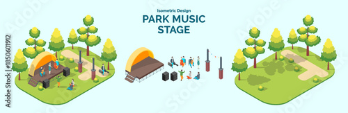 Cartoon Color Summer Park and Fest Concept Music Stage with Separate Set 3d Isometric View. Vector illustration
