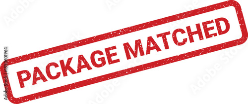 Grungy red rectangular rubber stamp impression displaying the message PACKAGE MATCHED for confirmation purposes on documents