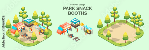 Cartoon Color Summer Park and Fest Concept Snack Booth with Separate Set 3d Isometric View. Vector illustration