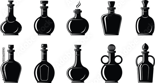 Black Silhouette Vector Set of Vintage Potion Bottles and Glass Apothecary Jars Featuring Various Antique Shapes for Alchemy, Medicine, and Magic Concepts,