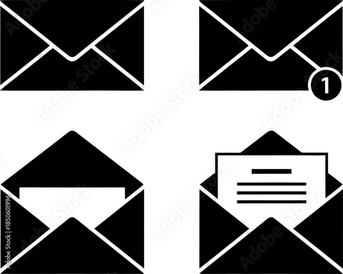 Envelope icons in various states of opening and notification silhouette