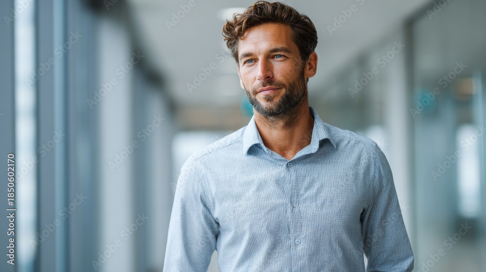Obraz premium A stylish man, elegantly poised within a modern setting, exudes confidence and charm. He wears a light blue shirt, and his focused gaze adds to his composed demeanor.
