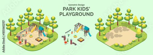 Cartoon Color Summer Park and Fest Concept Kid Playground with Separate Set 3d Isometric View. Vector illustration
