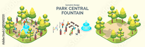 Cartoon Color Summer Park and Fest Concept Central Fountain with Separate Set 3d Isometric View. Vector illustration