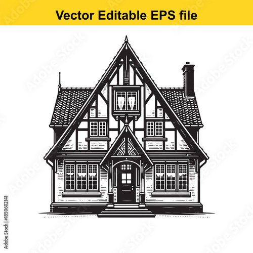  a detailed black and white illustration of a traditional english halftimbered house with a tiled roof and chimney