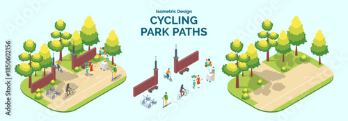 Cartoon Color Summer Park and Fest Concept Cycling Paths with Separate Set 3d Isometric View. Vector illustration