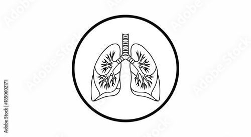 A detailed line drawing of human lungs with bronchi and trachea in a black circle on a white background.