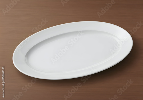 Empty oval white plate on a wooden table. Empty dishware resting on a brown surface. Restaurantware product shot. Professional catering. High-end dining.