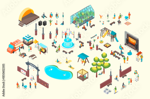 Cartoon Color Summer Park and Fest Concept Different Architectural Objects and Character People 3d Isometric View. Vector illustration
