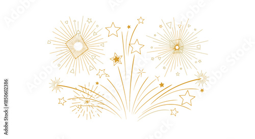 Golden fireworks exploding with vibrant stars and dynamic lines on white background