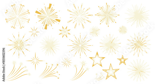 Golden fireworks and starburst designs on white background for celebrations