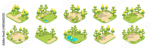 Cartoon Color Summer Park and Fest Concept Different Landscapes with Green Trees 3d Isometric View. Vector illustration
