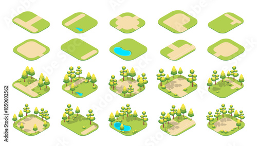 Cartoon Color Summer Park and Fest Concept Different Landscapes with Green Trees and Without 3d Isometric View. Vector illustration