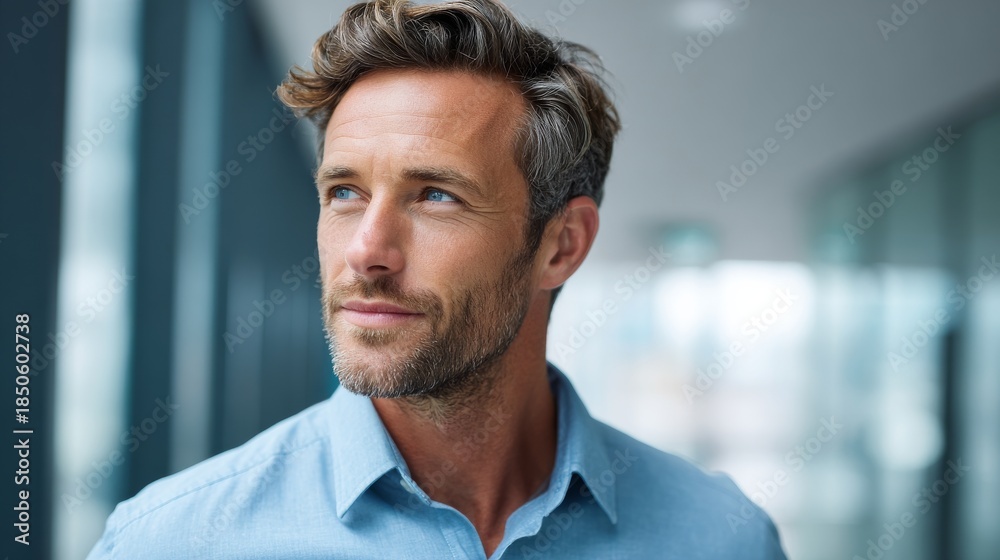 Obraz premium A man looking off into the distance, with a thoughtful expression on his face, inside a modern building