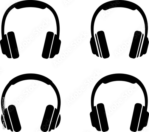 Four black headphones on white background forming a stylish silhouette