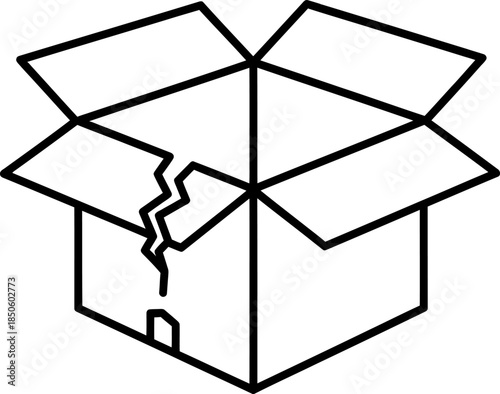 Damaged cardboard box with torn flap and broken silhouette
