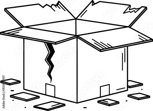 Damaged cardboard box with torn flaps and broken pieces lying around silhouette