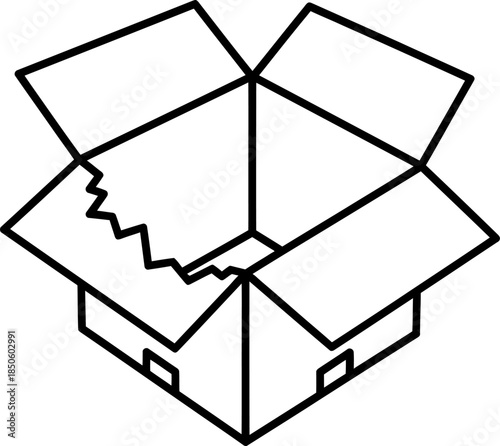 Damaged cardboard box with torn flap and open lid silhouette