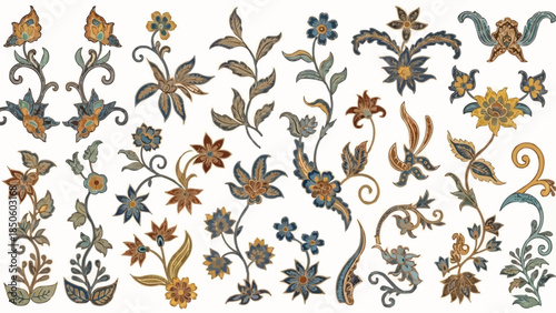 Collection of vintage floral botanical illustrations in muted earthy tones.