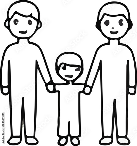Two fathers holding hands with their child line art