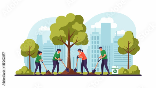 People planting trees in a city park for environmental conservation.