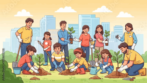 Diverse group of people planting trees together in an urban park setting.