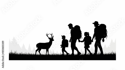 Family hiking adventure encountering a majestic deer in the wilderness.