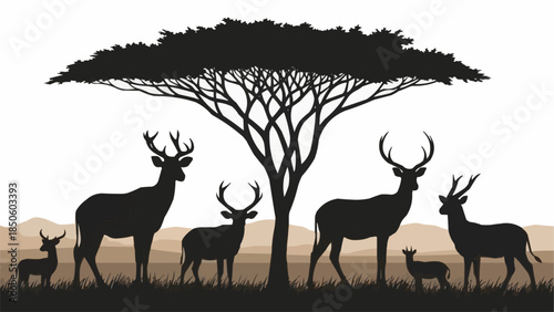 Silhouette Herd of Deer Under a Large Acacia Tree in African Savanna.