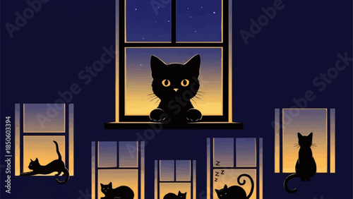 Several black cats sitting in windows at night.