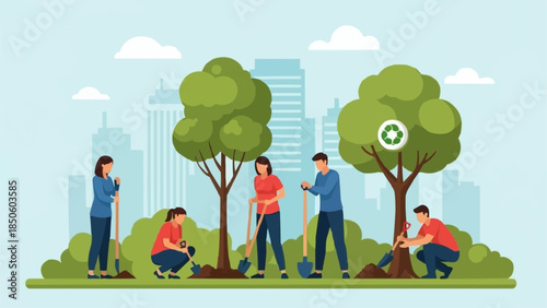 People planting trees in a park environment.