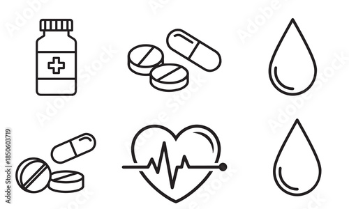 Outline medical icons set featuring heart rate, pill bottle, and capsules vector illustration
