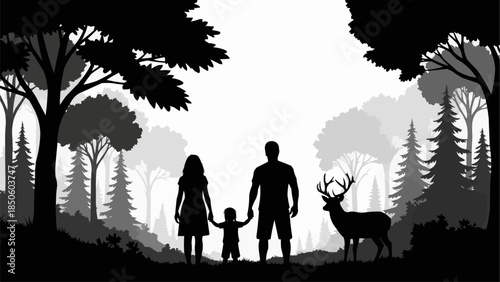 Family and Deer Silhouette in Forest Landscape.
