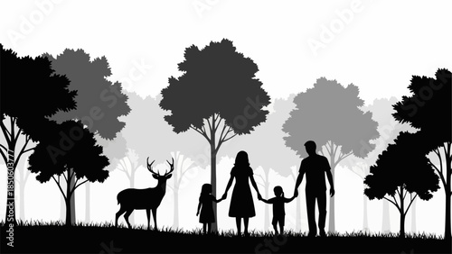 Family walking in the forest with a deer silhouette.