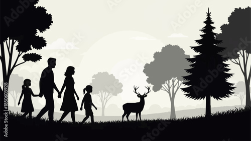 Family walking in forest with deer silhouette.