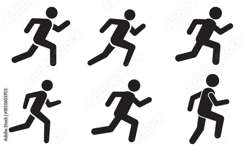 A collection of running stick figure icons illustrating motion and animation frames for vector design